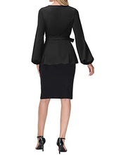 Load image into Gallery viewer, Kate Kasin Self Tie Dressy Work Blouse Tunic Tops Crew Neck Long Sleeve A Line Peplum Shirt Top Black X-Large
