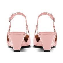 Load image into Gallery viewer, MODENCOCO Women's Pink Patent Wedge Low Heel Buckle Square Toe Slingback 2 Inch Pumps Shoes Size 11 - Sandalias de Tacon Bajo para Mujer
