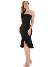 Load image into Gallery viewer, DREAGAL Women's Elegant One Shoulder Ruffle Cocktail Bodycon Midi Dress Black Medium

