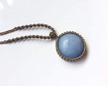 Load image into Gallery viewer, Celestite necklace, Macrame necklace with blue stone, Round Celestite stone, Celestite pendant, Macrame art, Light blue, Spiritual, Unisex
