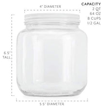 Load image into Gallery viewer, Clear Half Gallon Wide-mouth Glass Jars (2-Pack), 64-Ounce / 2-Quart Capacity with Metal Lids, BPA-Free
