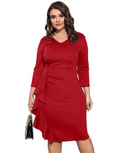 Load image into Gallery viewer, Women's Ruffle Bodycon Work Dress V Neck Ruched Business Office Cocktail Party Tight Sheath Dresses Red L
