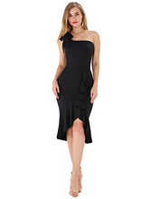 Load image into Gallery viewer, DREAGAL Women's Elegant One Shoulder Ruffle Cocktail Bodycon Midi Dress Black Medium
