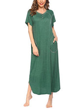 Load image into Gallery viewer, Ekouaer Long Nightgown,Women’s Loungewear Short Sleeve Sleepwear Full Length Sleep Shirt with Pockets Dark Green

