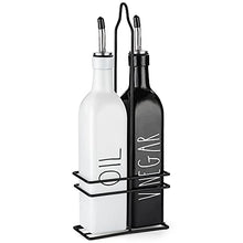 Load image into Gallery viewer, Farmhouse Oil and Vinegar Dispenser Set by Brighter Barns - Black &amp; White Olive Oil Dispenser Bottle with Caddy Holder &amp; Stainless Steel Spout - Cute Modern Vintage Glass Cruet for Kitchen -500ml 17oz
