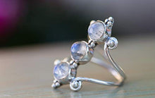 Load image into Gallery viewer, Moonstone Silver Ring, 925 Sterling Silver and Three Moonstone Light Blue Gemstones Ring for Women, Triple Moonstone and Real Silver Boho Chic Statement Ring, Bohemian Gift Idea, Handmade by Lilyom.
