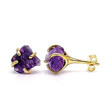 Load image into Gallery viewer, Natural raw amethyst stud earrings with yellow gold over 925 sterling silver, 6 to 7mm rough genuine February birthstone gift for her, Uniquelan Jewelry (amethyst)
