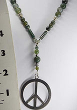 Load image into Gallery viewer, Moss Agate jewelry beaded pendant necklace set handcrafted one of a kind peace signs 25" long
