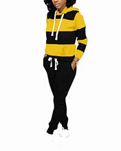 Load image into Gallery viewer, Women's Two Piece Outfits Stripes Sweatsuit Tracksuit Kangaroo Pocket Hoodies Sweatshirt Drawstring Pants Yellow Black L
