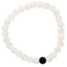 Load image into Gallery viewer, CHARGED Distance Bracelet - Premium 7" Rainbow Moonstone &amp; Black Tourmaline Crystal 8mm Bead Bracelets Tumble Polished Stretchy + Selenite Charging Heart Included (HEALING ENERGY / PSYCHIC PROTECTION)
