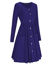 Load image into Gallery viewer, OUGES Women's Long Sleeve V Neck Button Down Midi Skater Dress with Pockets(Blue,M)
