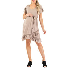 Load image into Gallery viewer, Mother Bee Maternity Butterfly Sleeve Hi-Low Ruffle Short Dress with Adjustable Belt Mocha
