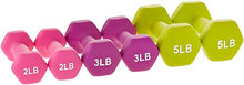 Load image into Gallery viewer, AmazonBasics Neoprene Workout Dumbbell Hand Weights, 20 Pounds Total, Pink/Purple/Green - 3 Pairs (2-Lb, 3-Lb, 5-Lb) &amp; Weight Rack

