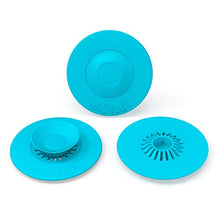 Load image into Gallery viewer, OmiStout Hair Catcher &amp; Drain Stopper, 2 in 1 Sink Drain Cover, Flex Silicone Strainer for Shower/Bathtub/Tub/Floor Drain/Kitchen Sink (Blue, 3 Pack)
