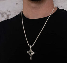 Load image into Gallery viewer, US Jewels Men's 925 Sterling Silver 37.5mm Simulated Emerald Irish Celtic Cross Pendant 4mm Curb Chain Necklace, 26in
