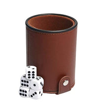 Load image into Gallery viewer, RERIVER PU Leather Dice Cup Set with Storage Compartment Felt Lining Shaker with 5 Dot Dices for Farkle Yahtzee Games Playing Birthday Gift,Brown

