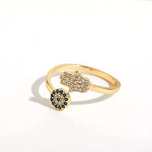 Load image into Gallery viewer, SLOONG Evil Eye Hamsa Hand Ring 14k Gold Plated Third Eye White Zircon Gemstone Blue Cz for Womens (Gold)
