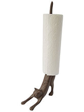 Load image into Gallery viewer, Comfify Yoga Cat Decorative Paper Towel Holder or Toilet Paper Holder Adorable “Downward Dog” Pose Kitty- Cast Iron Paper Towel Stand - Antiqued Cast Iron Storage - Multiple uses - 19” Tall.
