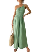 Load image into Gallery viewer, UANEO Womens Casual Summer Jumpsuits Dressy Cotton One Shoulder High Waist Rompers (Green-L)
