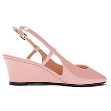 Load image into Gallery viewer, MODENCOCO Women's Pink Patent Wedge Low Heel Buckle Square Toe Slingback 2 Inch Pumps Shoes Size 11 - Sandalias de Tacon Bajo para Mujer
