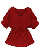 Load image into Gallery viewer, Milumia Women's Casual V Neckline Self Tie Short Sleeve Work Blouse Tunic Tops Red Large
