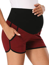 Load image into Gallery viewer, PACBREEZE Women's Maternity Shorts Over Belly Pregnancy Activewear Workout Running Athletic Lounge Shorts(Black Burgundy, Large)
