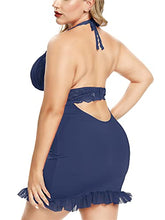 Load image into Gallery viewer, Women's Sexy Plus Size Lingerie Halter Cross straps Babydoll Lace Trim Chemise Sleepwear (Blue, X-Large)
