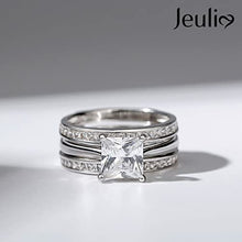 Load image into Gallery viewer, Jeulia 4.37 Carat Engraved Pricess Cut Cubic Zirconia Engagement Ring Diamond Wedding Bands for Women CZ Solitaire Sterling Silver Anniversary Bridal Promise Rings Set (8)
