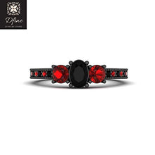 Load image into Gallery viewer, Harley Quinn Inspired Engagement Ring Oval Black Onyx and Red Garnet 3 Stone Wedding Ring Gun Metal Fn 925 Silver
