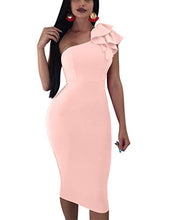 Load image into Gallery viewer, Mokoru Women's Sexy Ruffle One Shoulder Sleeveless Bodycon Party Club Midi Dress, Small, Nude Pink
