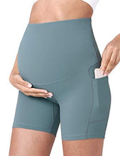 Load image into Gallery viewer, POSHDIVAH Women's Maternity Yoga Shorts Over The Belly Bump Summer Workout Running Active Short Pants with Pockets Light Green 5" X-Small
