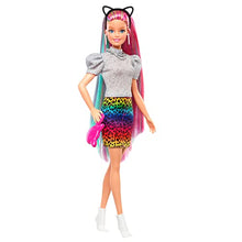 Load image into Gallery viewer, Barbie Leopard Rainbow Hair Doll (Blonde) with Color-Change Hair Feature, 16 Hair &amp; Fashion Play Accessories Including Scrunchies, Brush, Fashion Tops, Cat Ears, Cat Purse &amp; More
