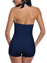 Load image into Gallery viewer, Century Star Women Bathing Suits Halter Top Vintage Inspired Boy-Leg One Piece Ruched Monokinis Swimsuit Beach Dark Blue 4-6
