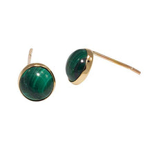 Load image into Gallery viewer, 14K Gold Malachite Stud Earrings - 14K Solid Yellow Gold Studs, Small Round 6mm Natural Stone, May Taurus Birthstone Dark Green Malachite Gemstone, Simple Minimalist Dainty Handmade Jewelry for Women
