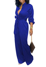 Load image into Gallery viewer, kaimimei Womens Elegant Long Sleeve Jumpsuit Button Collar High Waist Long Wide Leg Pants Romper with Belt Blue
