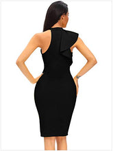 Load image into Gallery viewer, Women's Fashion Ruffle One Shoulder Sleeveless Midi Bodycon Pencil Cocktail Party Dress Black X-Small
