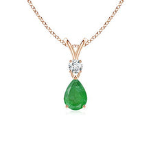 Load image into Gallery viewer, Prong Set V Bale Diamond and Emerald Drop Pendant Necklace in 14K Rose Gold (7x5mm Emerald)

