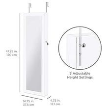 Load image into Gallery viewer, Best Choice Products Full Length Hanging Mirror Jewelry Armoire Cabinet, Makeup Storage Organizer, Wall Mounted, w/Interior Mirror, LED Lights, Lock, Cosmetics Tray, Brush Holders, 4 Shelves
