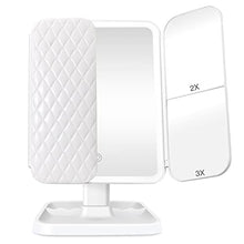 Load image into Gallery viewer, MGLIMZ Trifold Makeup Vanity Mirror with Lights 1x/2x/3x Magnification Lighted Make Up Mirror LED Desk Mirror with Stand Touch Screen 180 Degree Rotation Dual Power Portable Light Up Cosmetic Mirror
