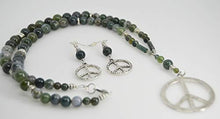 Load image into Gallery viewer, Moss Agate jewelry beaded pendant necklace set handcrafted one of a kind peace signs 25" long
