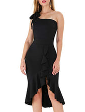 Load image into Gallery viewer, DREAGAL Women's Elegant One Shoulder Ruffle Cocktail Bodycon Midi Dress Black Medium
