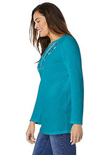 Load image into Gallery viewer, Woman Within Women's Plus Size Embroidered Thermal Waffle Henley Tee Long Underwear Top - 1X, French Blue Vine Embroidery
