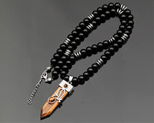 Load image into Gallery viewer, ElisaJewelryArt - Natural Tiger Eye Big Pointed Sword Pendant Black Onyx Stone Beaded Necklace Genuine Gemstone Emotion Stone Clasp Closure Necklace Unisex Necklace (22, Tiger Eye)
