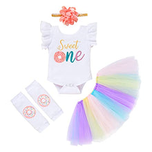 Load image into Gallery viewer, Baby Girl 1st Birthday Cake Smash Outfits Donuts Romper+Tutu Skirt+Headband+Leg Warmers Clothes 4Pcs Set（Colorful 1, 9-12 Months）

