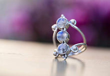 Load image into Gallery viewer, Moonstone Silver Ring, 925 Sterling Silver and Three Moonstone Light Blue Gemstones Ring for Women, Triple Moonstone and Real Silver Boho Chic Statement Ring, Bohemian Gift Idea, Handmade by Lilyom.
