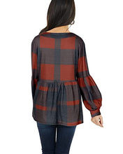 Load image into Gallery viewer, Hibluco Womens Plaid Shirts Long Puff Sleeve Peplum Tops Babydoll Blouses Red
