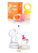 Load image into Gallery viewer, NatureBond Baby Food Pink Feeder/Fruit Feeder Pacifier (2 Pack) and Silicone Breastfeeding Manual Breast Pump with Pump Capsule, Pump Stand, Pump Strap, Stopper.
