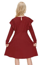 Load image into Gallery viewer, IIMMER Kid Girls Christmas Casual Burgundy Ruffle Long Sleeves Keyhole Neckline Autumn Maroon Flare Swing Dress with Pockets 7-8 Years
