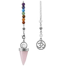 Load image into Gallery viewer, Jovivi Natural 7 Chakra Healing Crystals Pendulum for Dowsing Divination Rose Quartz Pointed Cone Gemstone Reiki Pendulum Pendant with OM Charm Chain
