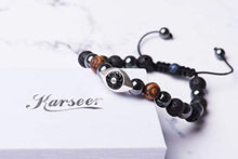 Load image into Gallery viewer, Karseer Vintage Silver and Black Plated Hamsa Evil Eye Stress Relief Reiki Healing Bracelet Natural Hematite Agate Dzi Lava Rock Lapis Lazuli Beaded Macrame Adjustable Anti Anxiety Diffuser Bracelet
